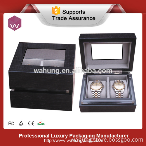 See through lid wooden black watch storage box for gift